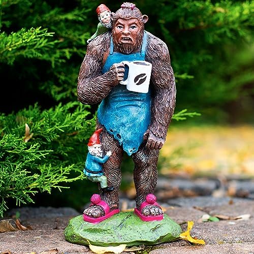 Bigfoot Statue 11 inch, Garden Gnomes Outdoor, Sasquatch Statue with Cup of Coffee for Outdoor Decor, Garden Statues Outdoor Clearance, Bigfoot Gifts, Sasquatch Gifts