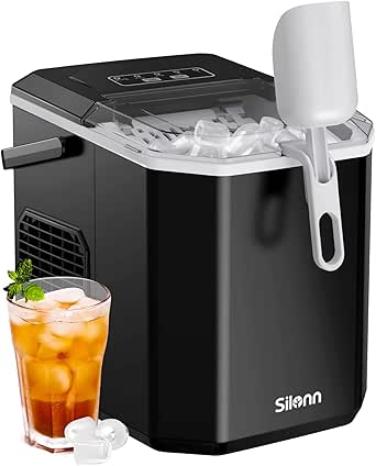 Silonn Ice Maker Countertop, Portable Ice Machine with Carry Handle, Self-Cleaning Ice Makers with Basket and Scoop, 9 Cubes in 6 Mins, 26 lbs per Day, Ideal for Home, Kitchen, Camping, RV