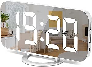 Digital Alarm Clock,6&#34; Large LED Display with Dual USB Charger Ports | Auto Dimmer Mode | Easy Snooze Function, Modern Mirror Desk Wall Clock for Bedroom Home Office for All People (White)