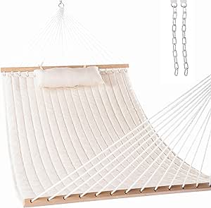 Lazy Daze Hammocks 12 FT Double Quilted Fabric Hammock with Spreader Bars and Detachable Pillow, 2 Person Hammock for Outdoor Patio Backyard Poolside, 450 LBS Weight Capacity, Natural