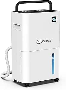 Wellsle 50 Pint Dehumidifier for Bedroom &amp; Basement with Smart Humidity Control, 24HR Timer, Home Dehumidifier with Drain Hose for Continuous Drainage - Quiet Dehumidifier with 3 Working Modes