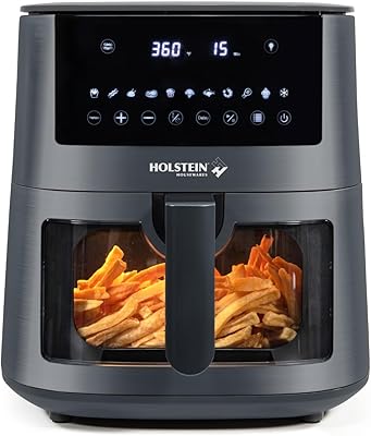 Holstein Housewares 7.6QT Digital Air Fryer with viewing window and led display with 7 preset options. Fry, bake, grill, dehydrate, and roast healthier recipes. Dishwasher Safe