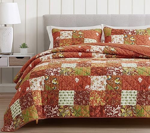 Chezmoi Collection Leilani 3-Piece Boho Washed Cotton Quilt Set King Size - Bohemian Quilted Bedding Orange Green White Floral Printed Patchwork Lightweight Bedspread Set for All Season