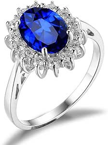 JewelryPalace Princess Diana Kate Middleton Class Gemstone Birthstone Sapphire Halo Engagement Rings for Women, Anniversary 14K White Yellow Rose Gold Plated 925 Sterling Silver Promise Rings for Her