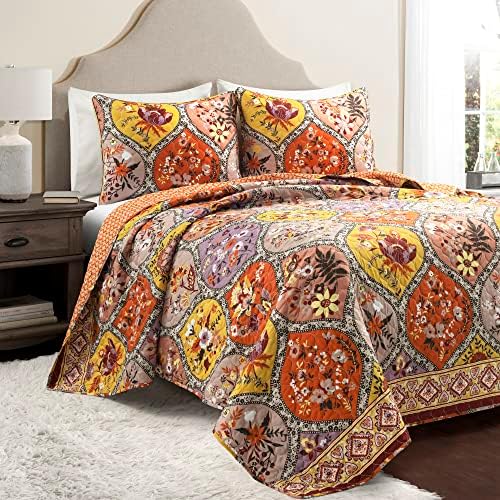 Lush Decor Bohemian Flower Reversible Oversized 3 Piece Cotton Quilt Set, King, Tangerine & Lilac