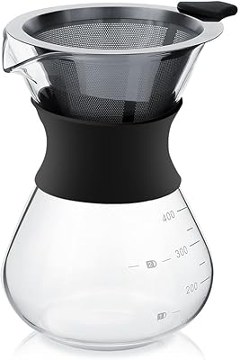 Zopsc 400ml Manual Hand Drip Glass Coffee Maker Pot with Stainless Steel Filter, Tick Marks, Fine Mesh, Suitable for Kitchen, Dining Table, Easy to