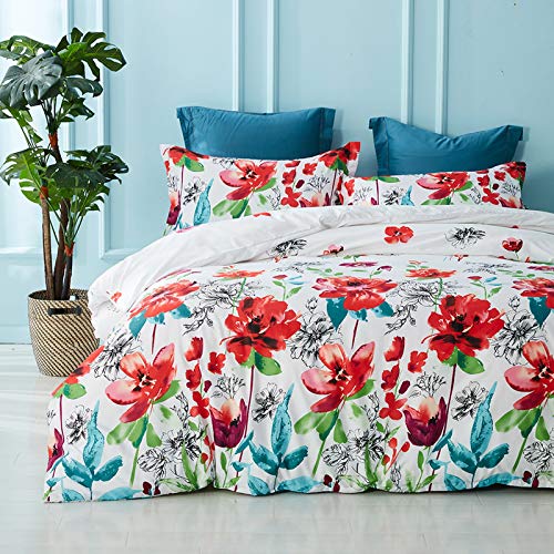 Juego de ropa de cama con flores botánicas, funda de edredón con diseño de flores, funda de edredón y funda de almohada con cremallera (rosa y blanco, 135 x 200 cm)