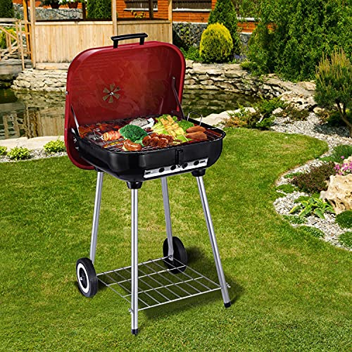 Outsunny Barbacoa de Carbón Picnic con Ruedas y Estante Parilla de Carbón Vegetal BBQ Jardín Exterior Ahumador Parilla Acampada 45x47.5x70cm