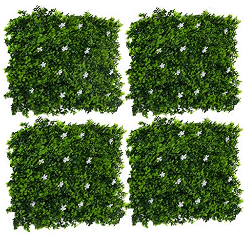 GreenBrokers Green Wall Hedge with White Flowers (Pack of 4) Stable Garden Seto Artificial de Pared Verde con Flores Blancas (Paquete de 4) – Jardín Vertical Resistente a los Rayos UV
