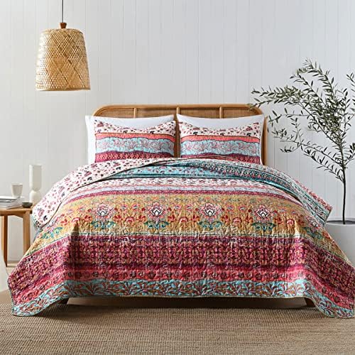 Boho Style King Quilt Set Reversible Bohemian Floral Strip Quilt Beddding Set, Soft and Lightweight Bedspread for All Season, Oversize King Bed Coverlet with 2 Matching Pillow Shams (3 Pieces)