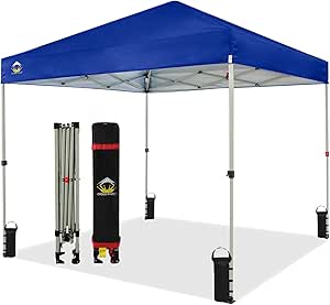 CROWN SHADES 8x8 Pop Up Canopy - Beach Tent with One Push Setup - Easy Outdoor Sun Shade for Events, Parties, Camping - Gazebo with STO-N-Go Cover Bag, Silver Coated Top, Blue