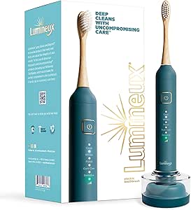 Lumineux Sonic Electric Toothbrush for Adults - Bamboo Heads -Deep Ocean (Blue)- Includes 2 Super Soft Bristle Bamboo Tooth Brush Heads, Charging Station &amp; USB Charge Cord - Rechargeable