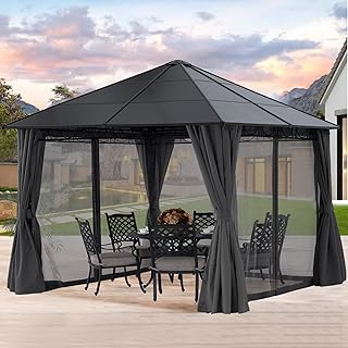 MASTERCANOPY 10x10 Outdoor Hardtop Gazebo Aluminum Frame Polycarbonate Top Canopy with Curtains and Netting, Dark Grey