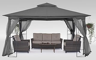 MASTERCANOPY Patio Outdoor Gazebo with Netting Screen Walls and Corner Shelf Design (11x11,Gray)