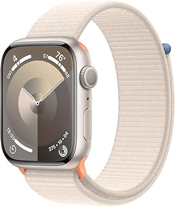 Apple Watch Series 9 [GPS 45mm] Smartwatch with Starlight Aluminum Case with Starlight Sport Loop One Size. Fitness Tracker, ECG Apps, Always-On Retina Display, Carbon Neutral