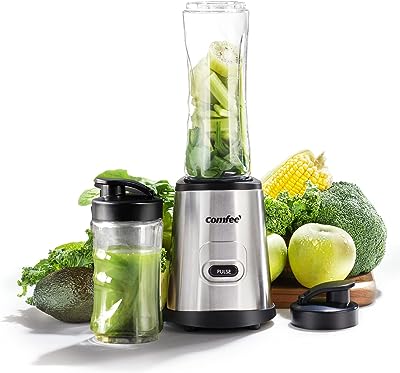 COMFEE' Compact Personal Blender, with Tritan BPA-Free 20 Oz and 10 Oz Travel Cups with Lids, for Shakes, Frozen Drinks, Smoothies, Food Prep, 300-Watt Base, Stainless Steel