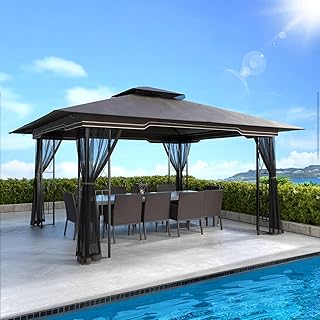 11x13 Outdoor Gazebo - Patio Gazebo with Mosquito Netting and Corner Frame Screen Wall, Double Roof Design, Sun & Water Pr...