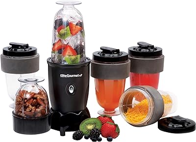 Elite Gourmet EPB-1800A# 17-Piece Personal Drink Mixer Blender, Sports Blender 16 Oz capacity, Includes Chopping and Blending Blade, Drink Lids and Extra Cups
