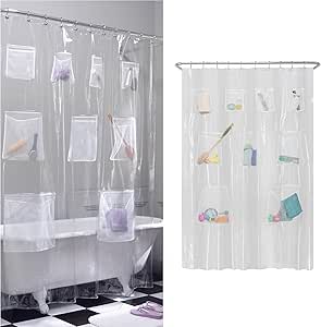 Zenna Home Waterproof PEVA Shower Curtain or Shower Liner with 9 Mesh Storage Pockets, 70&#34; x 72&#34;, Bathroom Organizer, Clear
