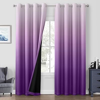 HOMEIDEAS 100% Purple Ombre Blackout Curtains for Bedroom, Room Darkening Curtains 52 X 84 Inches Long Grommet Gradient Drapes, Light Blocking Thermal Insulated Curtains for Living Room, 2 Panels