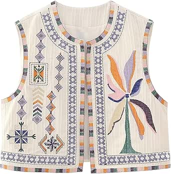 Yimoon Women&#39;s Vintage Floral Embroidered Vest Boho Casual Open Front Sleeveless Cardigan Waistcoat