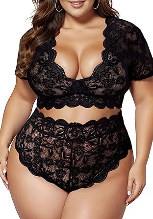 JuicyRose Plus Size 2 Piece Lingerie Set for Women Sexy Deep V Allover Lace Bra and Panty High Waist Nightwear Clubwear