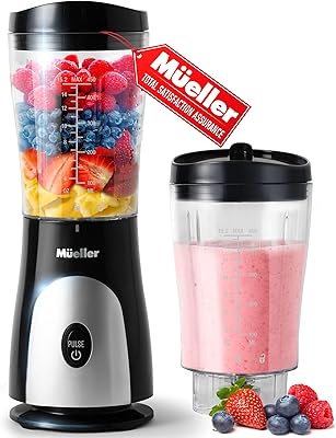 Mueller Personal Blender for Shakes and Smoothies with 15 Oz Travel Cup and Lid, Juices, Baby Food, Heavy-Duty Portable Blender & Food Processor, Black