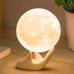 Mydethun 3D Moon Lamp with Ceramic Base, Mothers Day Gift, LED Night Light, Mood Lighting with Touch Control Brightness for Women,Home Décor, Bedroom, Kids Birthday, 3.5 Inch - White &amp; Yellow