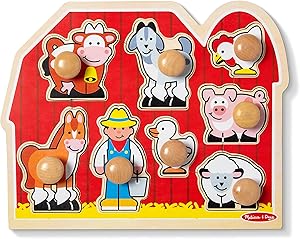 Melissa &amp; Doug Farm Animals Jumbo Knob Wooden Puzzle - Wooden Peg Chunky Baby Puzzle, Preschoool Learning, Knob Puzzle Board For Toddlers Ages 1+