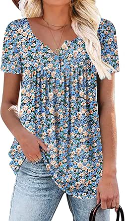 ROSELINLIN Women&#39;s Short Sleeve Shirts Floral Summer Tops Loose Fit for Leggings