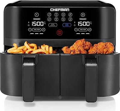 Chefman TurboFry Touch Dual Air Fryer, Maximize The Healthiest Meals With Double Basket Capacity, One-Touch Digital Controls And Shake Reminder For The Perfect Crispy And Low-Calorie Finish