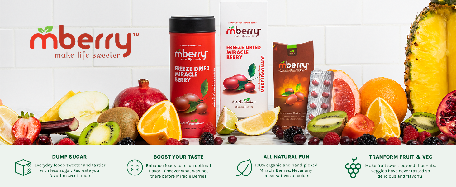 mberry Miracle fruit tablets and freeze dried miracle berries surrounded with fruit