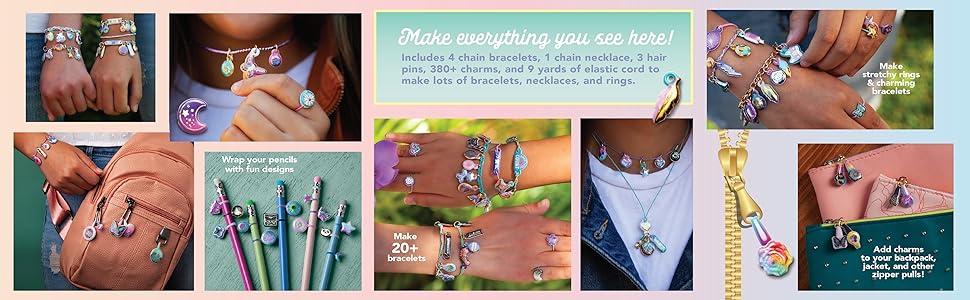 Create 4 chain bracelets, 1 chain necklace, 3 hair pins, 380+ charms, and 9 yards!