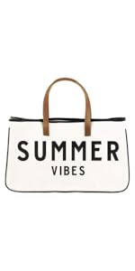 summer vibes whiute canvas tote with brown faux leather handles and black lettering tote purse