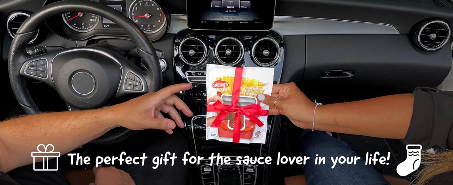 Gifting Saucemoto in car. The perfect gift for holidays, white elephant, gag gift, and more