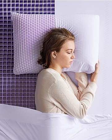 Woman Sleeping on Purple Harmony Pillow and exposed Gel Flex grid