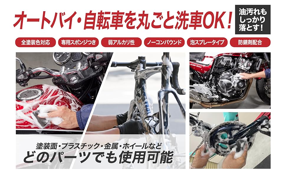 オートバイと自転車専用に開発された希釈不要の泡スプレータイプのバイクシャンプー。