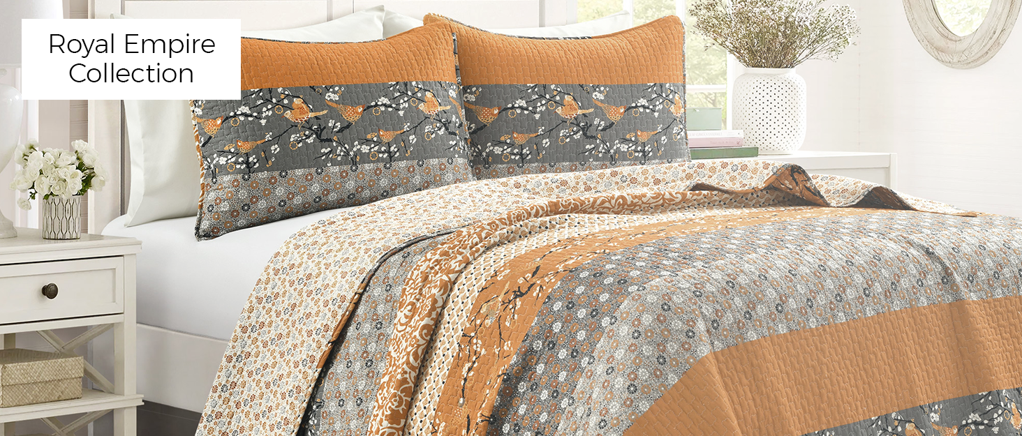 rustic patterned printed reversible three piece quilt set