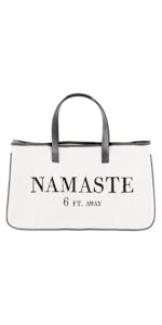 namaste 6 ft away social distancing yoga bag black and white canvas tote