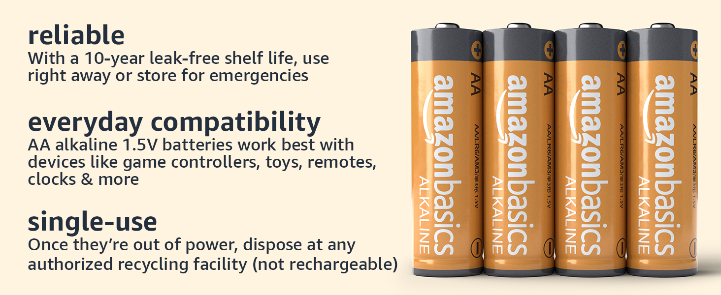 AA alkaline batteries have a 10 year shelf life, are single use and compatible with everyday devices
