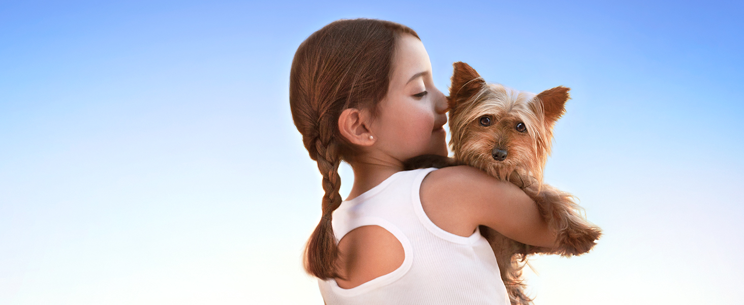 Young girl holding a Yorkie dog over a blue sky