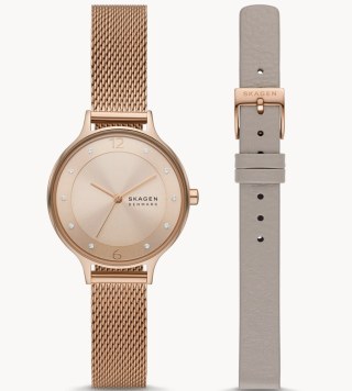 Skagen Anita Lille Three-Hand Rose Gold Stainless Steel Mesh Watch Set