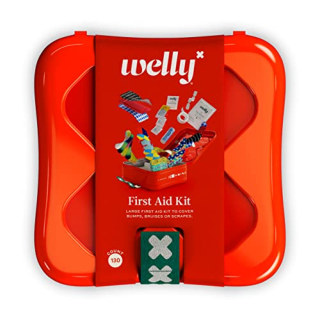 Welly First Aid Kit - Bravery Badges in Flexible Fabric and Waterproof, Tape and Non-Stick Pads, Butterfly Strips, Singe Use Ointments Triple Antibiotic and Hydrocortisone, and Ibuprofen - 130 Count