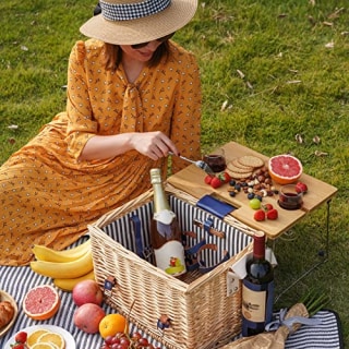 Wicker Picnic Basket for 2 Persons Picnic Kit, Willow Hamper Service Gift Set with Bamboo Wine Table for Camping and Outdoor Party