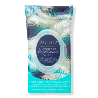 Pacifica Beauty, Coconut Milk &amp; Essential Oils Underarm Deodorant Wipes, 30 Count, Remove Odor On-The-Go, Aluminum Free, Travel Friendly, Fresh Coconut Scent, 100% Vegan and Cruelty Free