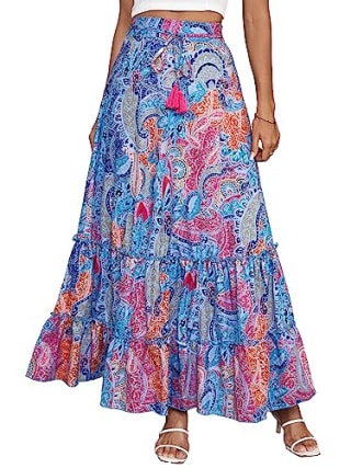 LYANER Women&#039;s Boho Print Ruched Tiered Ruffle Hem High Waisted Long Maxi Skirt Purple Medium