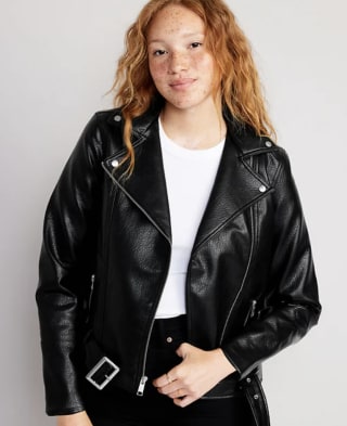 Faux-Leather Belted Biker Jacket