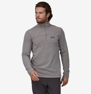 Man wearing Patagonia Micro D Fleece Pullover in gray