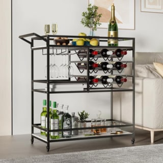 Mercer41 Mirvjena 3-Tier Metal Bar Cart with Wine Rack and Glass Storage