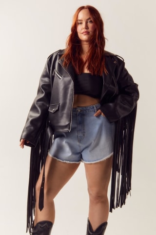 Faux Leather Fringe Back Biker Jacket 